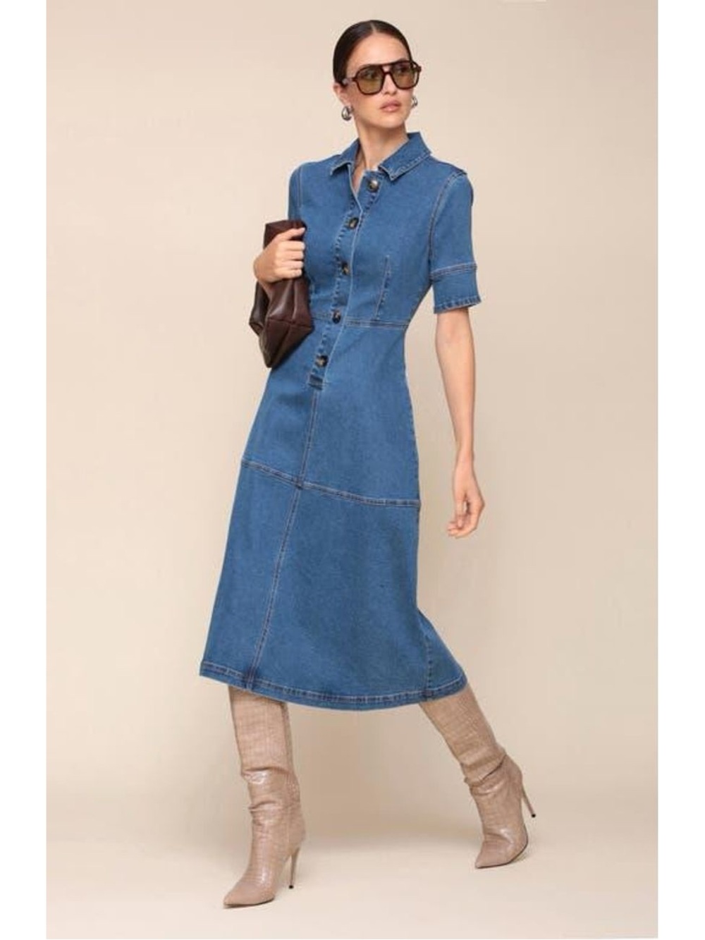 Avec Les Filles Blue Denim Collared Button-Front Midi Dress